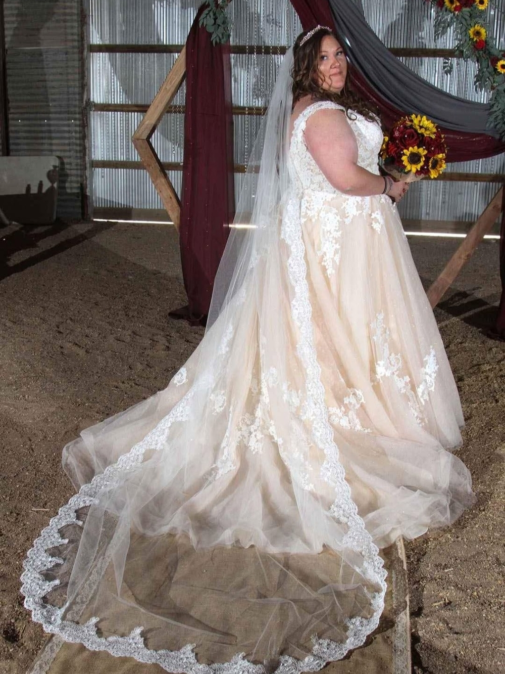 Ivory Champagne Lace Applique A-Line Bridal Gown with Cathedral Veil